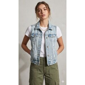 Hollister Womens Light Wash Distressed Denim Vest Sleeveless Jean Jacket Blue